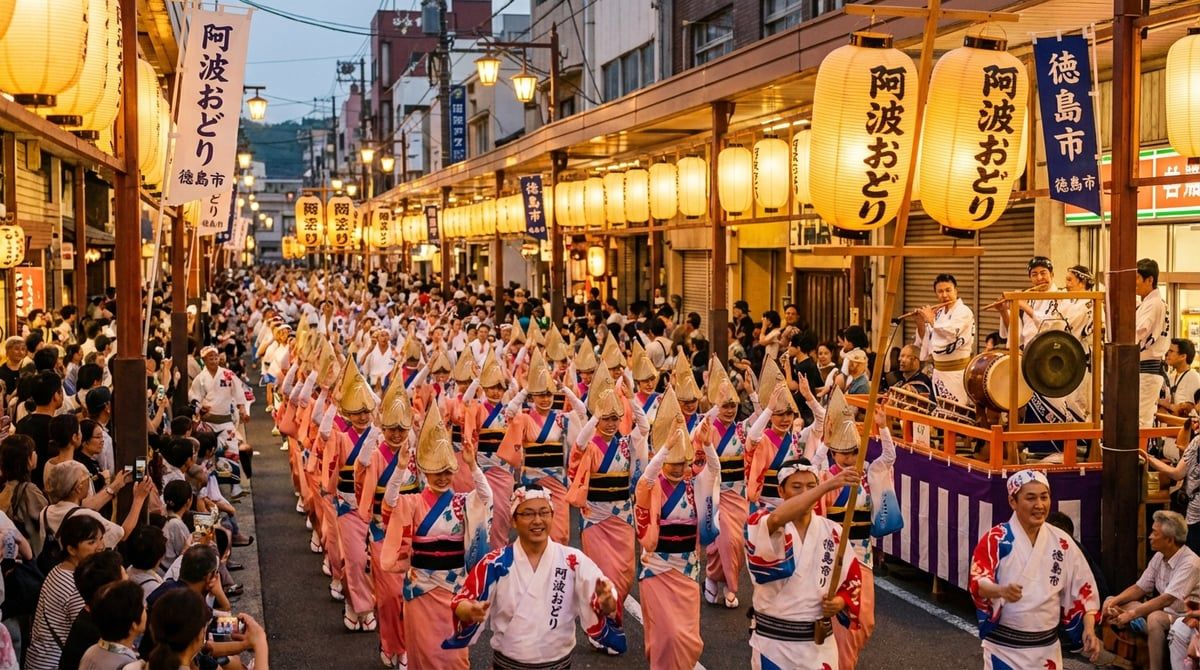 Beautiful scene from Awa Odori in Tokushima City, traditional Japanese festival atmosphere, warm lighting, vibrant colors