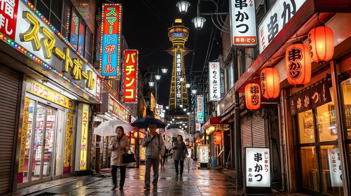 Shinsekai street scene at night — Tsutenkaku Tower glowing in background, neon Smart Ball and pachinko signs lining a narrow alley, a few elderly locals walking past kushikatsu lanterns. Atmospheric, "living museum" feel.