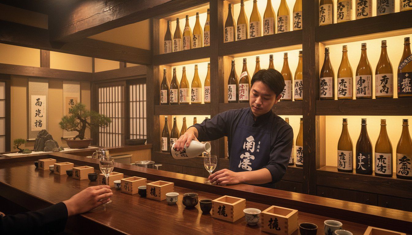 A refined sake bar counter with a row of ceramic cups and small wooden masu boxes, backlit shelves displaying sake bottles, a bartender in traditional Japanese apron carefully pouring from a tokkuri into a customer's glass, warm indirect lighting creating an intimate atmosphere