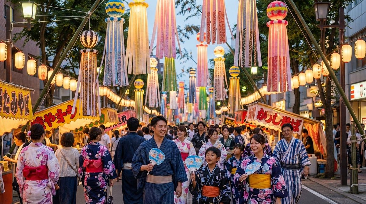 Visitors in yukata enjoying Tanabata Festival (Sendai) in Sendai City, friendly festival atmosphere, traditional lanterns, summer evening