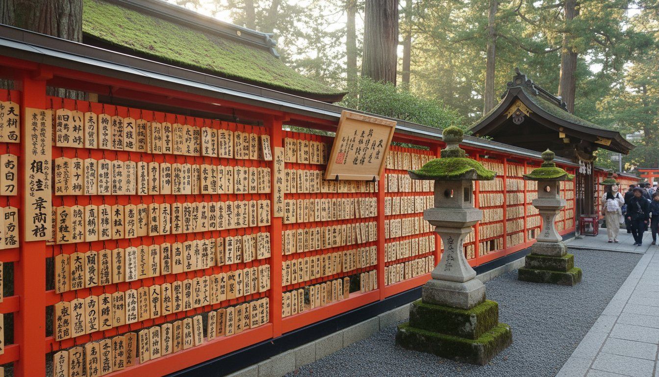 Vibrant vermillion tamagaki fence panels at Kurumazaki Shrine, densely covered with the names of famous Japanese celebrities and artists