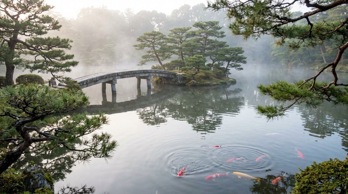 Morning mist rising from the reflection pond in the Gokuraku-jodo Garden, a curved stone bridge leading to a small island, scarlet and gold koi fish breaking the mirror-still water surface, carefully pruned pine trees framing the view