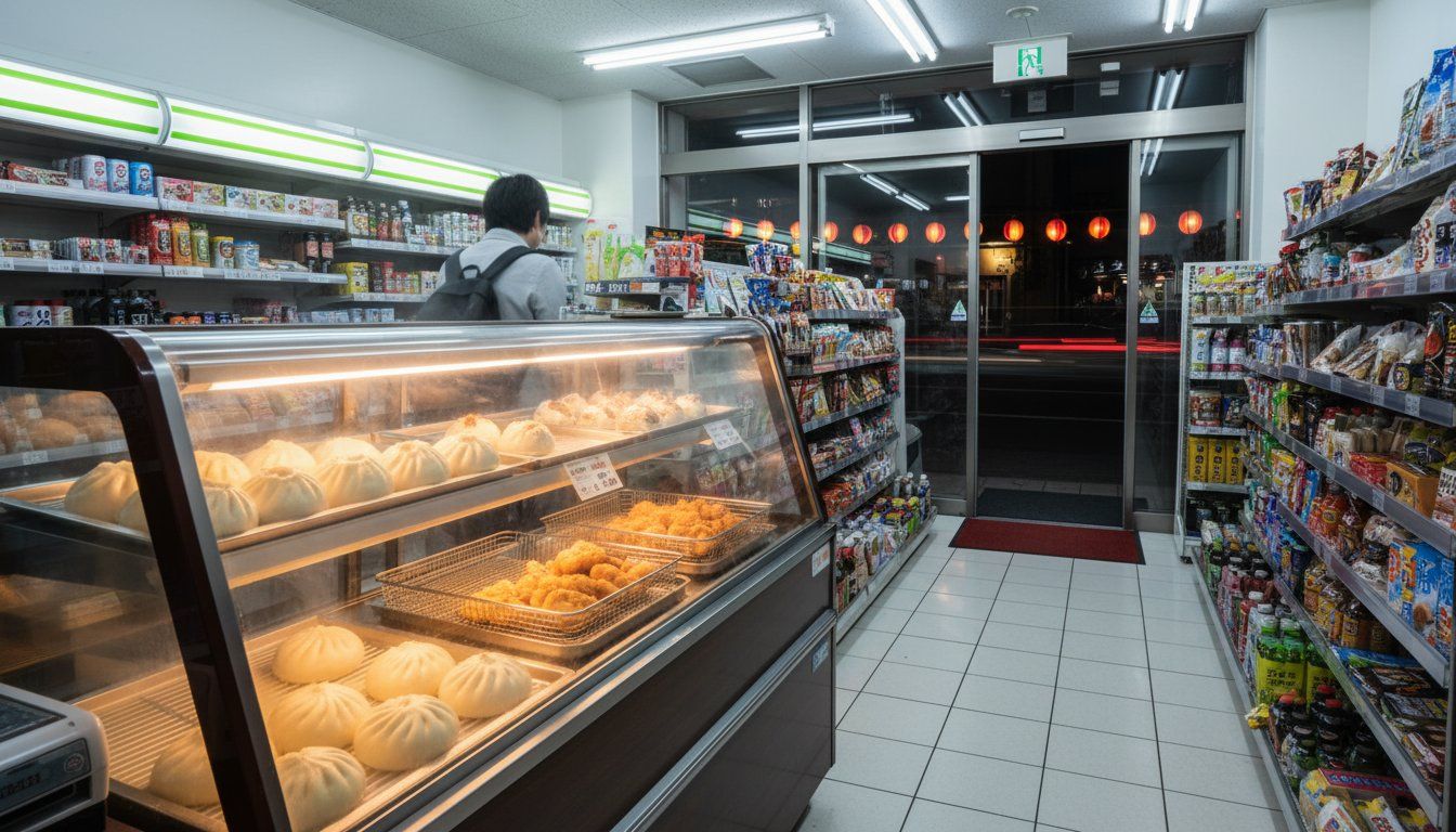 The warm interior of a Japanese convenience store at 3am — the illuminated hot food case in the foreground showing rows of nikuman (meat buns) and karaage (fried chicken), a customer selecting an onigiri from the chilled shelf, the bright clean fluorescent lighting of the store contrasting with the dark street visible through the glass doors