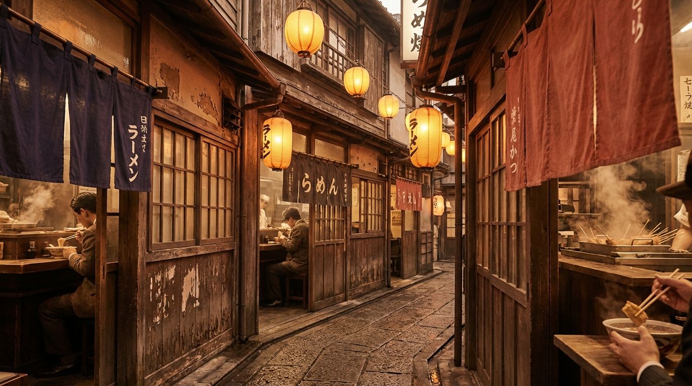 Narrow retro alley in Takimi-koji recreating 1920s Osaka atmosphere at evening time, weathered traditional wooden facades with warm amber paper lanterns casting soft pools of light, noren curtains in deep indigo blue and vermillion red swaying gently, wisps of steam rising from ramen and kushikatsu shops into the dim corridor, visitors hunched contentedly over counter seats visible through doorways, nostalgic sepia-toned lighting throughout