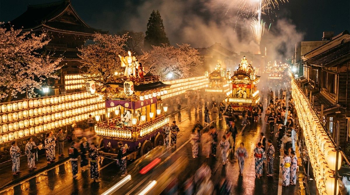 Japanese festival at night in Japan, illuminated floats and paper lanterns casting warm glow, magical atmosphere, summer evening