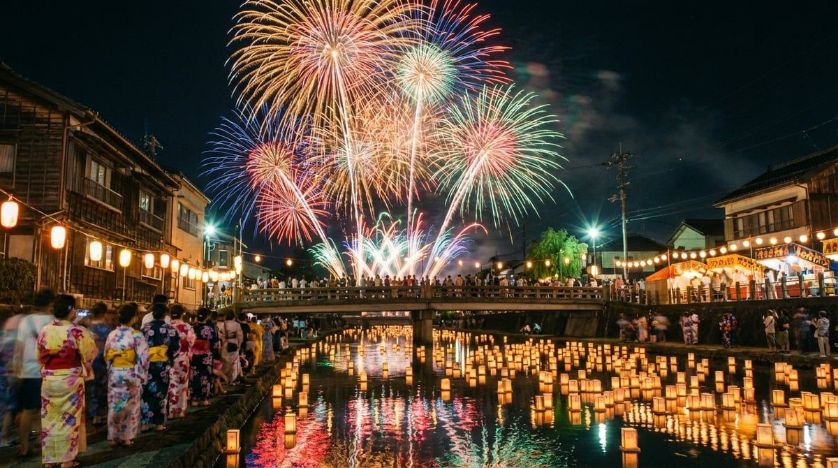 Fireworks display at Japanese festival over Japan, colorful explosions reflected in water, summer night sky, spectators in yukata