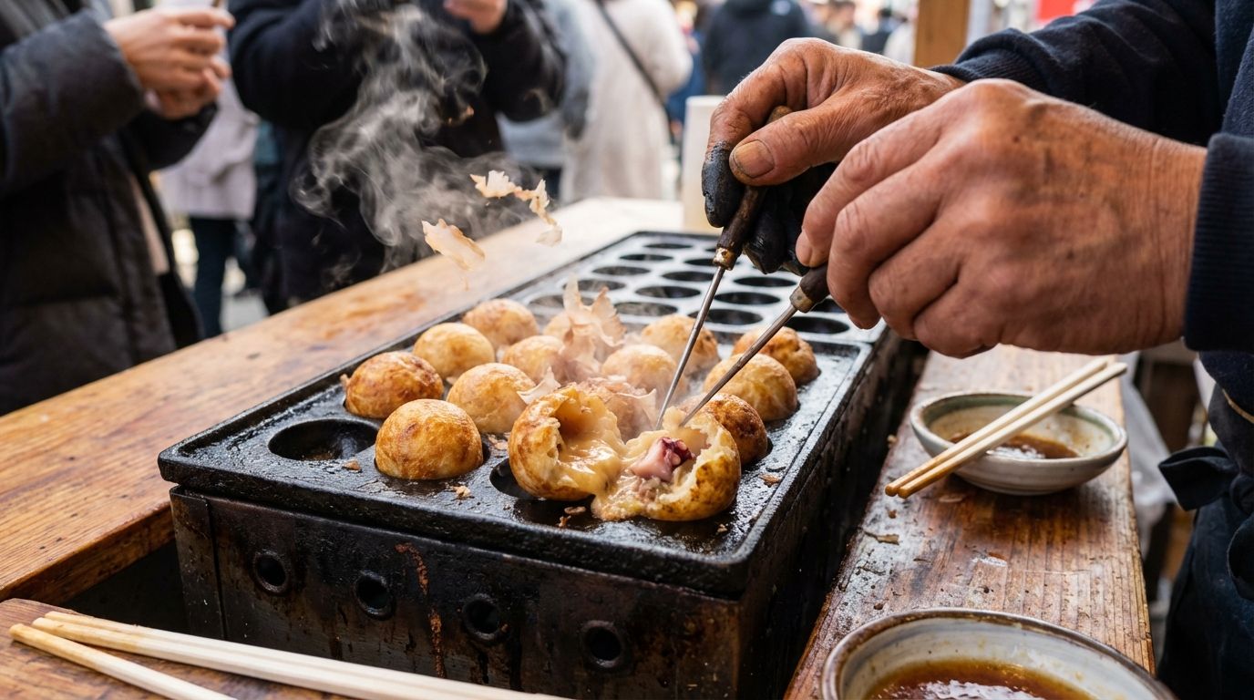 A takoyaki vendor's griddle showing perfectly round golden-brown takoyaki balls being turned with metal picks, one freshly cracked open revealing a molten octopus center, bonito flakes dancing in the rising steam, the vendor's experienced hands working skillfully