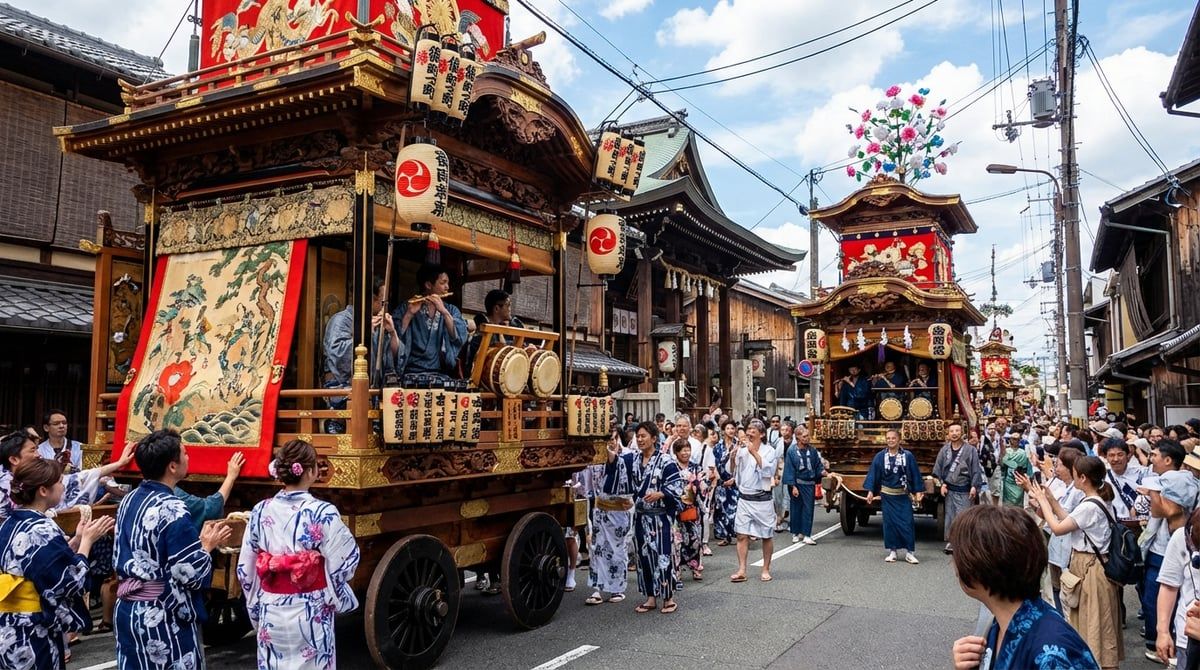 Gion Matsuri parade with decorated floats moving through streets of Kyoto, excited crowds watching from sidewalks, festive atmosphere, vibrant colors