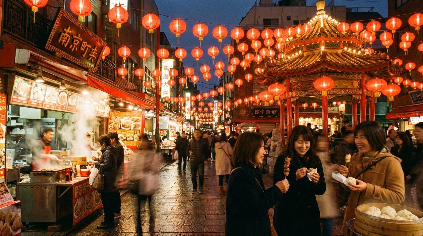 A vendor stall displaying various Chinese street food items including pork buns, gyoza, and skewered snacks, with steam rising and customers waiting