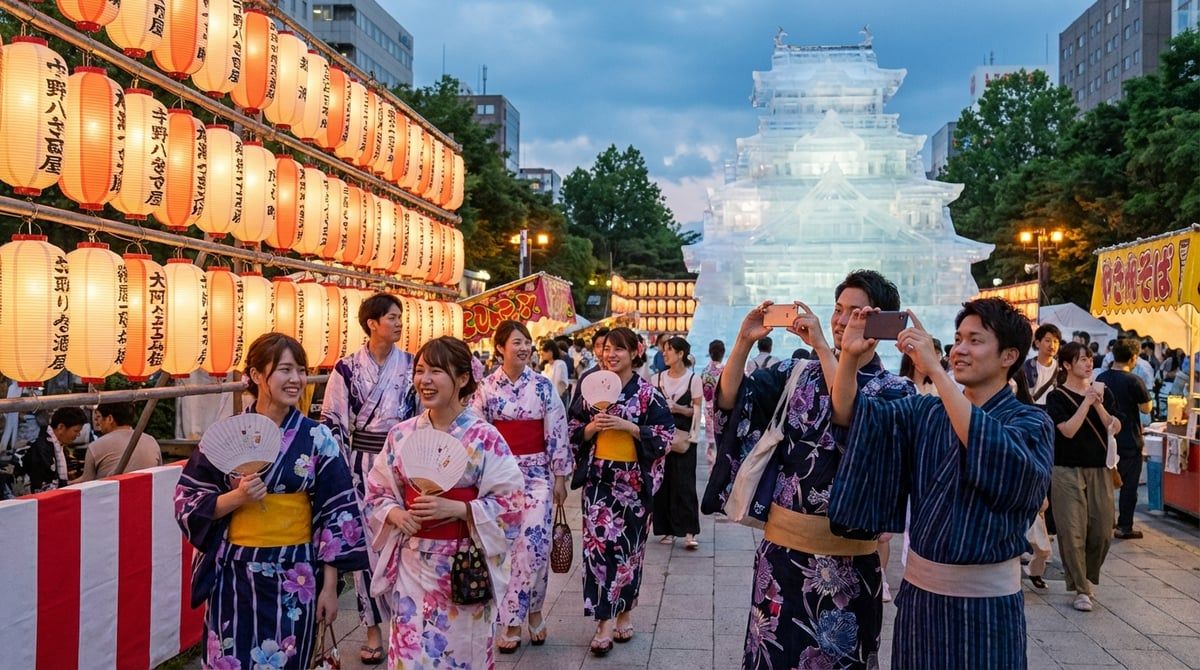 Visitors in yukata enjoying Sapporo Snow Festival in Sapporo, friendly festival atmosphere, traditional lanterns, summer evening
