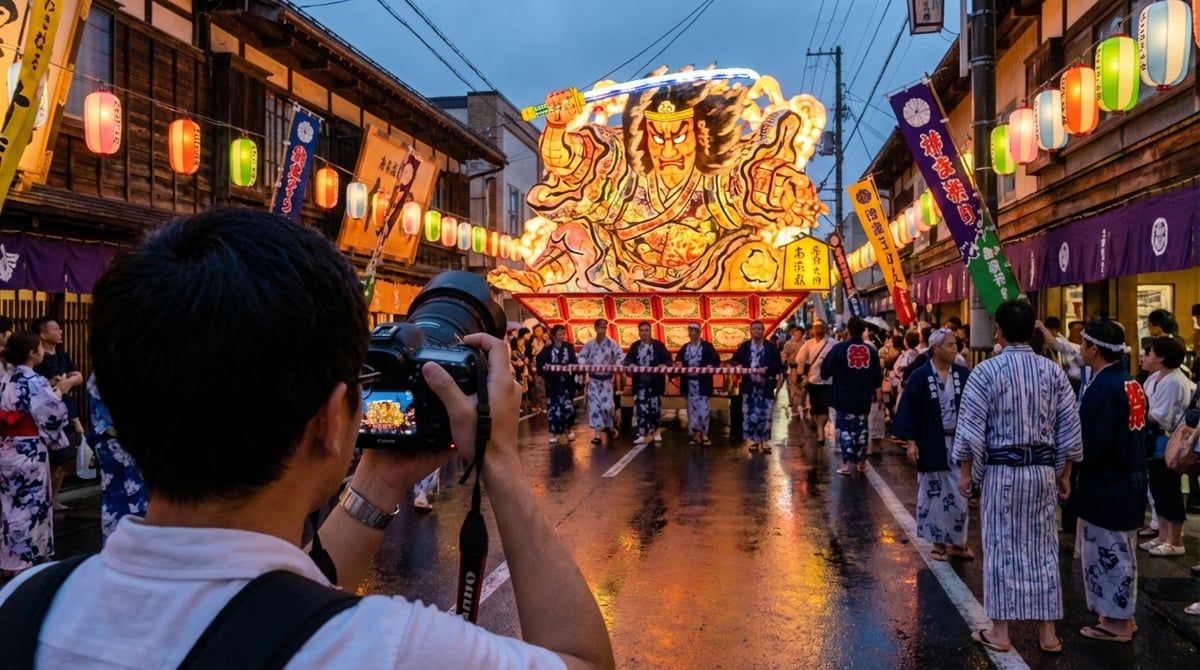 Stunning photo opportunity at Nebuta Matsuri in Aomori City, dramatic lighting, colorful festival decorations, photographer perspective