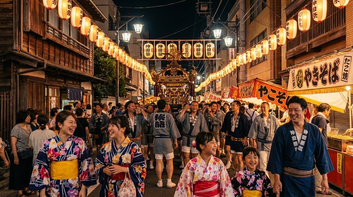 Visitors in yukata enjoying Kanda Matsuri in Tokyo (Chiyoda-ku), friendly festival atmosphere, traditional lanterns, summer evening
