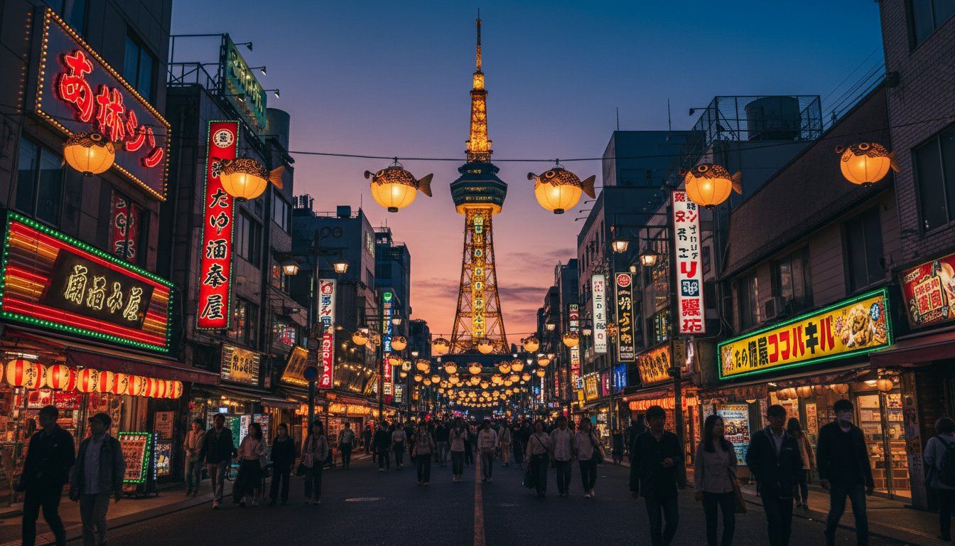 Tsutenkaku Tower seen from the south approach at dusk — the tower lit up against a deep blue sky, the street below packed with glowing neon signs in red, yellow, and green, puffer fish lanterns hanging overhead, silhouettes of people walking