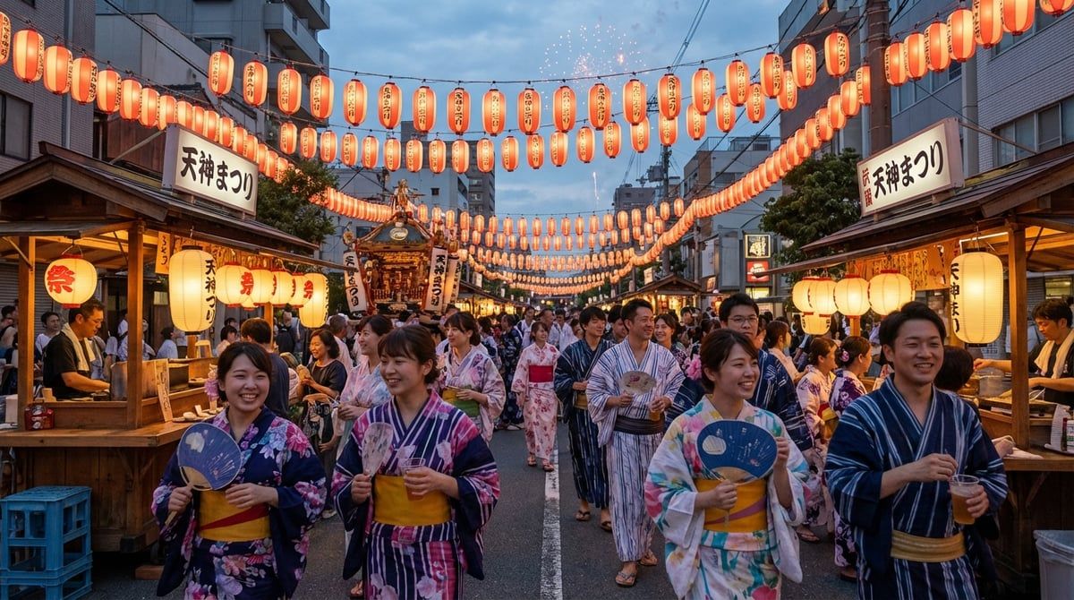 Visitors in yukata enjoying Tenjin Matsuri in Osaka (Kita-ku), friendly festival atmosphere, traditional lanterns, summer evening