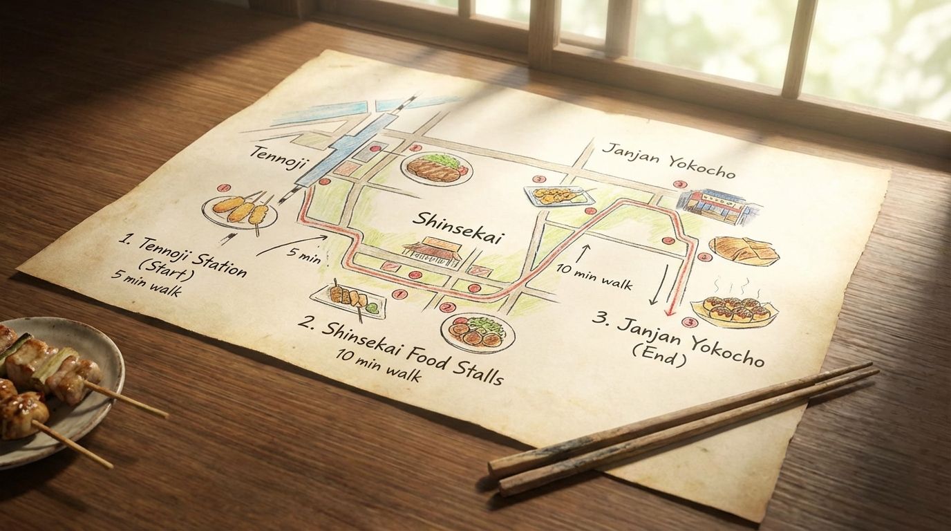 A hand-drawn style map showing the food walk route through Tennoji, Shinsekai, and Janjan Yokocho, with numbered stops, restaurant locations, and estimated walking times between each stop