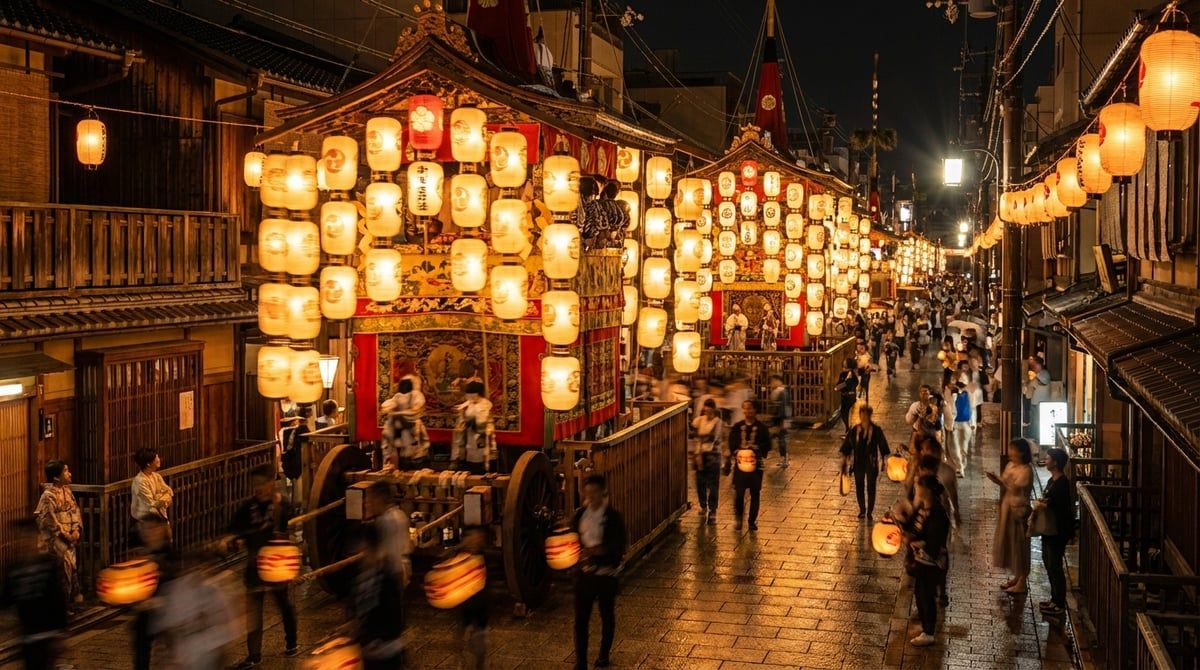 Gion Matsuri at night in Kyoto, illuminated floats and paper lanterns casting warm glow, magical atmosphere, summer evening