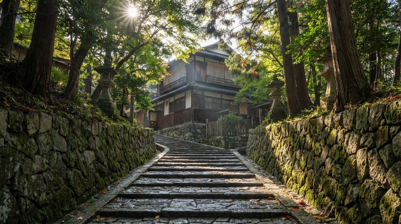 The atmospheric stone steps of Kuchinawa-zaka (Rope Slope) lined with moss-covered stone walls and overhanging tree branches, morning light filtering through the canopy, a traditional wooden house visible at the top of the slope