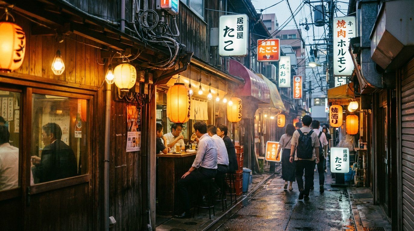 Narrow Ura-Tennoji alley at evening with warm lantern light, a few patrons standing at a tiny bar counter, retro signage and exposed wires overhead
