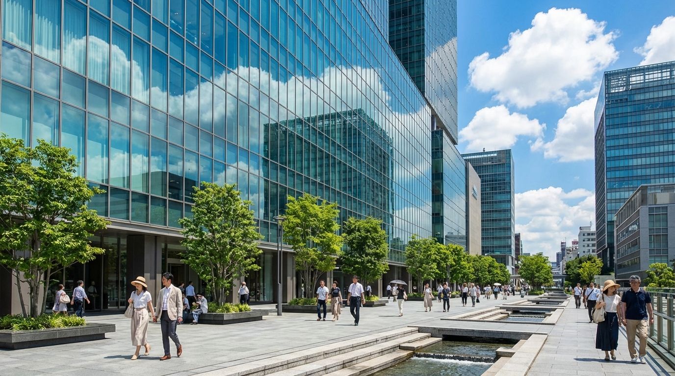 Grand Front Osaka's modern glass facade at midday under a bright blue sky with fluffy white clouds, the reflective blue-green glass panels mirroring the cloudscape and neighboring steel-and-glass buildings, well-dressed shoppers in summer attire walking along the wide outdoor promenade paved in light gray stone, verdant green trees and cascading water features adding refreshing natural elements to the sleek urban setting