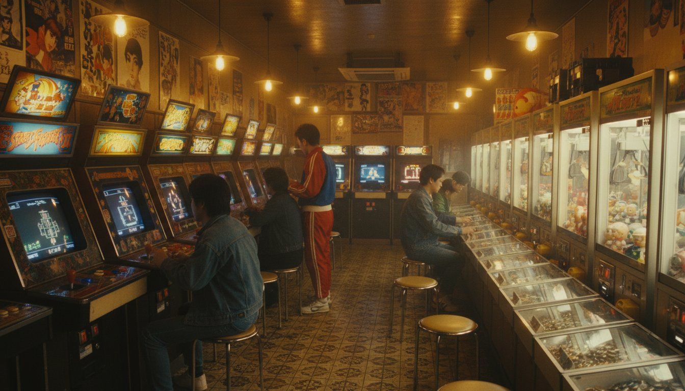 Interior of a Showa-era retro game center — rows of vintage arcade cabinets with glowing screens, medal game machines, crane games, warm tungsten lighting, a few players visible at the machines
