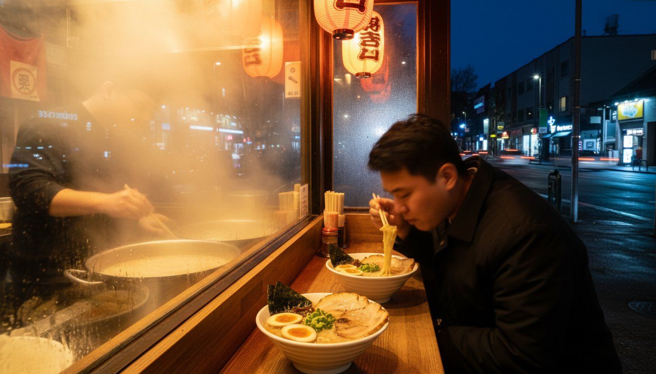 A late-night ramen counter with steam billowing from a large pot, a customer slurping noodles at the counter, bowls of rich tonkotsu ramen with chashu pork and soft-boiled egg visible, condensation on the windows, the warm yellow light of a late-night food stop