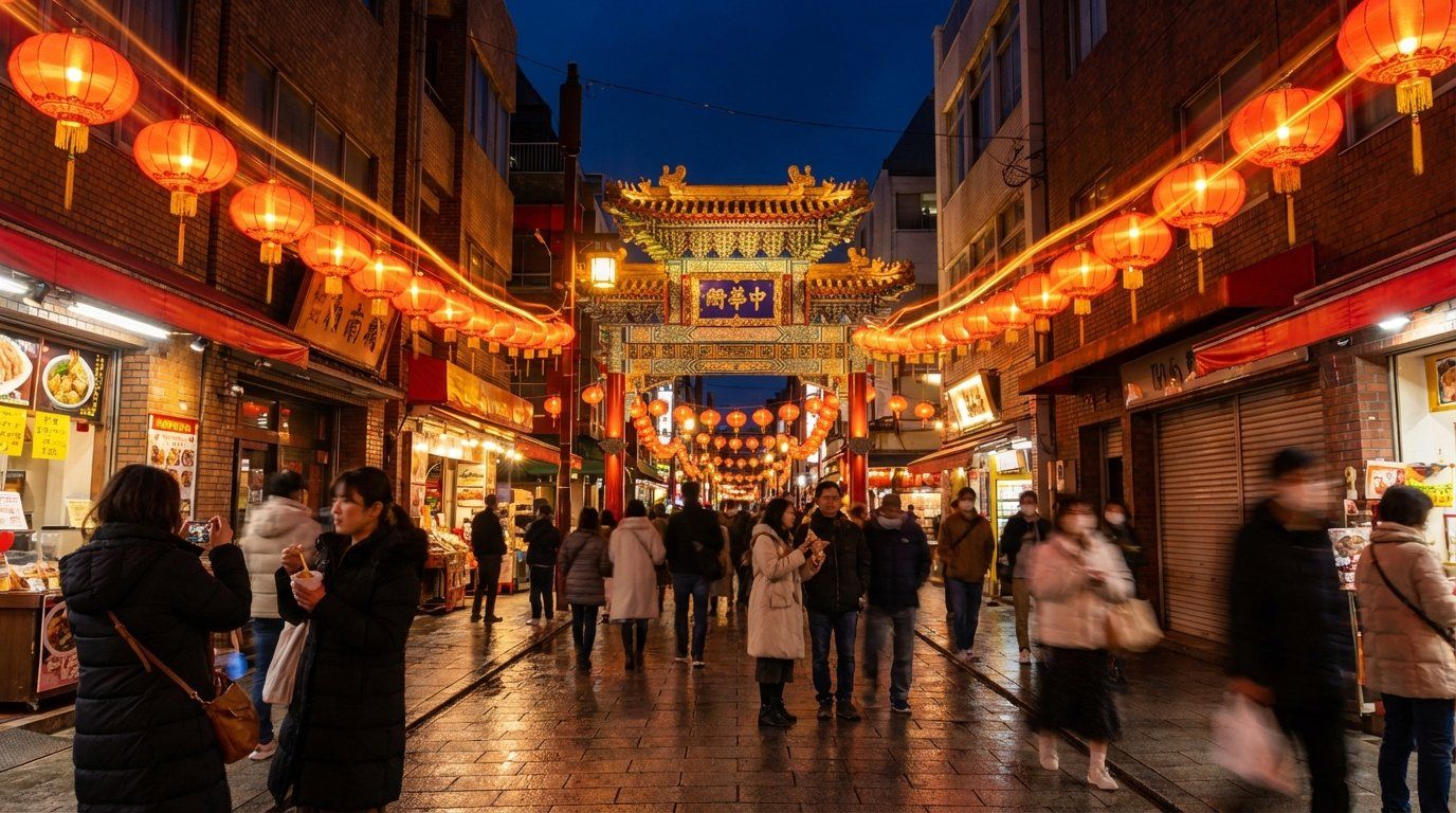 Nighttime view of Nankinmachi with red lanterns glowing warmly along the main street, the illuminated Changan Gate visible in the background, visitors strolling and eating