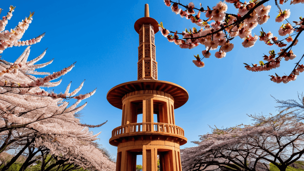 Windmill and tulips with cherry blossoms at Tsurumi Ryokuchi