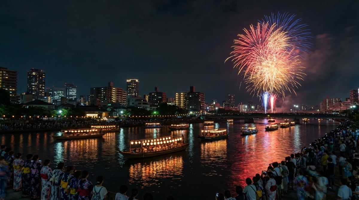 Fireworks display at Tenjin Matsuri over Osaka (Kita-ku), colorful explosions reflected in water, summer night sky, spectators in yukata
