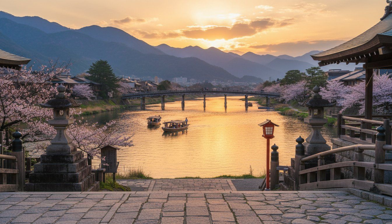 Serene view from Okitsu Shrine looking downstream toward Togetsukyo Bridge at golden hour, the Oi River reflecting warm light with mountains silhouetted behind
