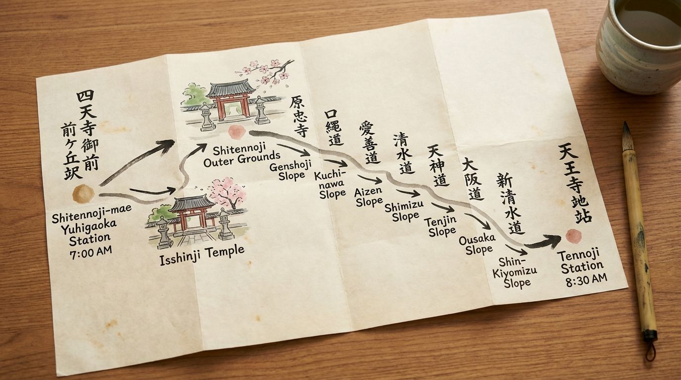Hand-drawn style route map showing the morning walk path from Shitennoji-mae Yuhigaoka Station through Isshinji Temple, Shitennoji outer grounds, the Seven Slopes trail, and ending at Tennoji Station, with timestamps and key landmarks labeled