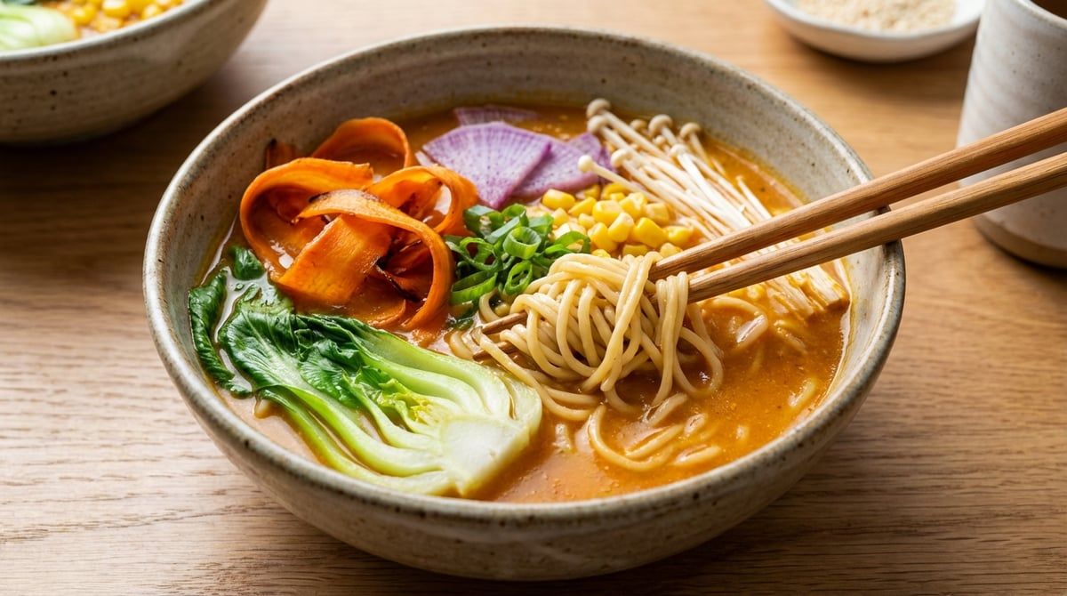 Thick, chewy tsukemen noodles being lifted from rich dipping broth