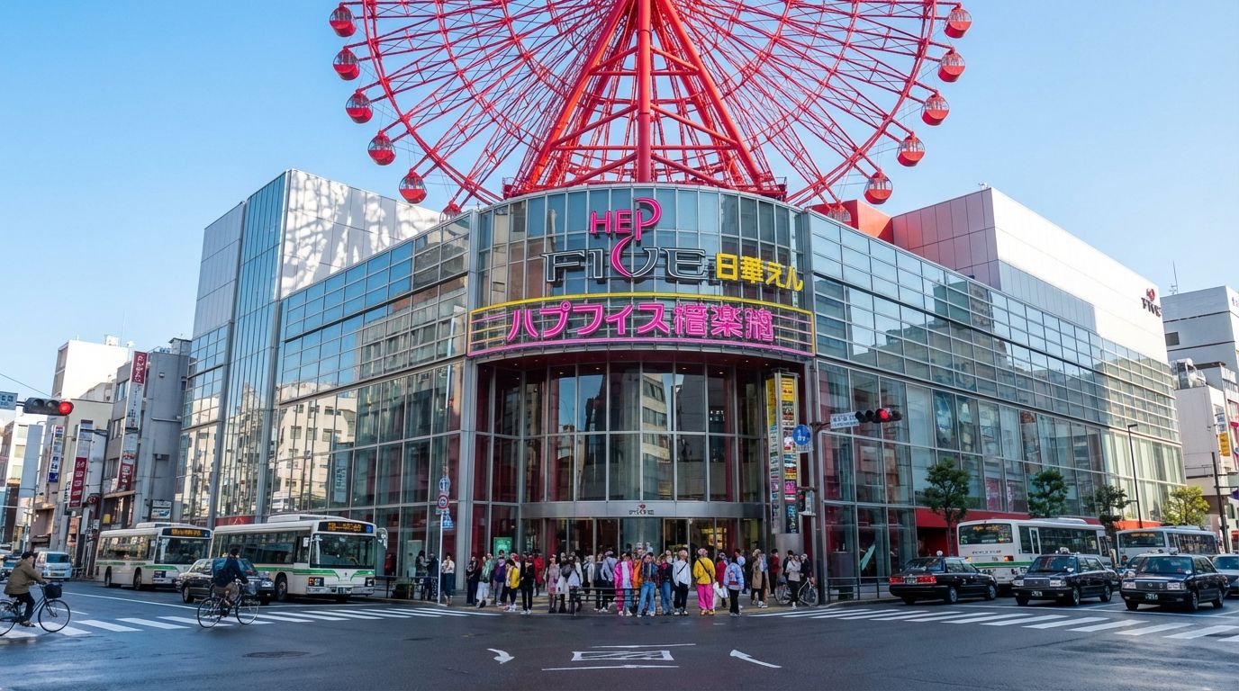 HEP Five building with its iconic bright cherry-red Ferris wheel mounted dramatically on the rooftop against a clear blue sky, vibrant neon signage in pink, yellow, and white visible on the building facade, groups of trendy young people in colorful streetwear gathering near the glass entrance, busy urban Osaka street scene with white city buses, black taxis, and cyclists passing by
