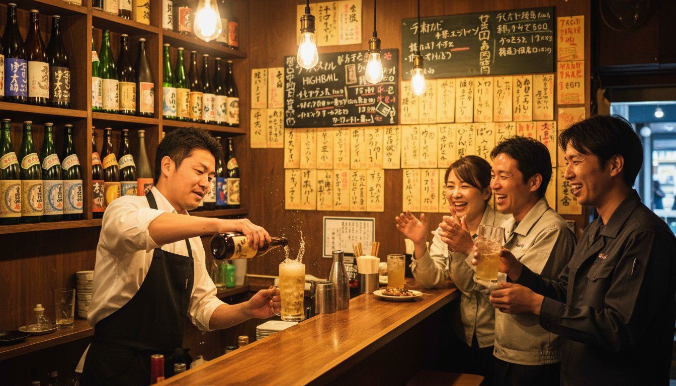 A tiny tachinomi standing bar — three or four customers standing at a narrow wooden counter, a bartender pouring a highball, handwritten menu on the wall behind, warm yellow light from bare bulbs, bottles lined up on shelves, intimate and convivial atmosphere
