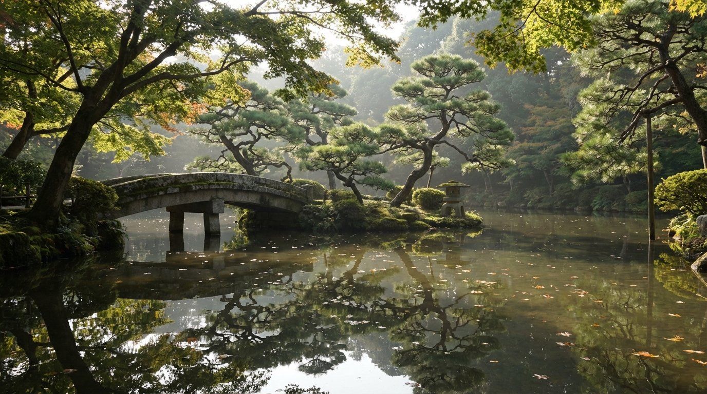 Keitakuen Garden's central pond with reflections of sculpted pines and a stone bridge, tranquil atmosphere, dappled light filtering through trees