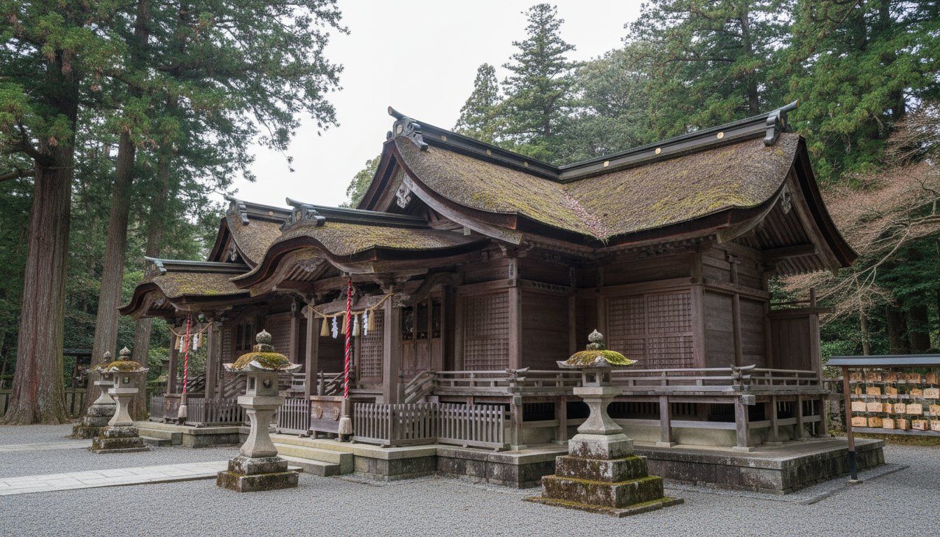 The ancient wooden architecture of Ujigami Shrine's honden (main hall), showing weathered timber and graceful curved roof lines dating back to 1060 CE