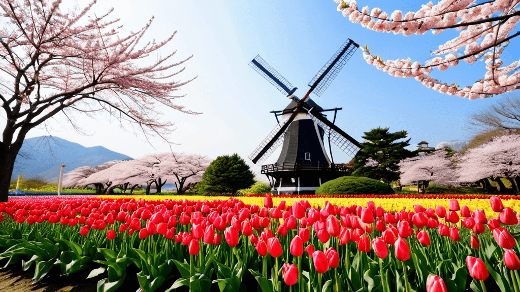 Spread of hanami bento boxes, sake, and cherry-themed sweets