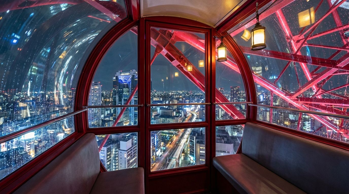 View from inside a HEP Five Ferris wheel gondola at night, the cherry-red steel wheel structure visible through the curved window creating geometric framing, Osaka cityscape glittering below in countless white, gold, and blue lights stretching to the dark horizon, the intimate enclosed gondola interior with plush gray bench seating, soft interior lighting creating a cozy atmosphere
