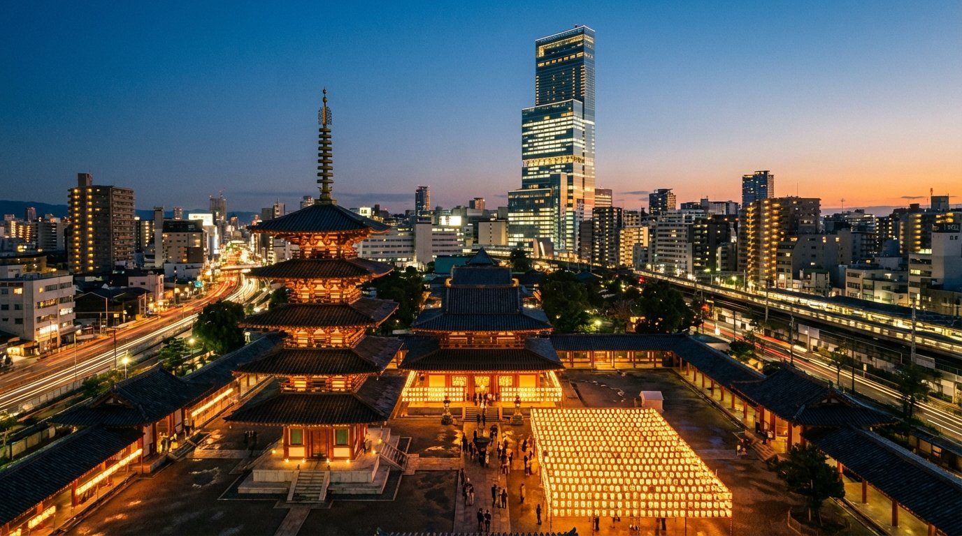 Wide shot of Tennoji area at twilight showing the contrast between the traditional Shitennoji pagoda in the foreground and the illuminated Abeno Harukas tower in the background, city lights beginning to glow