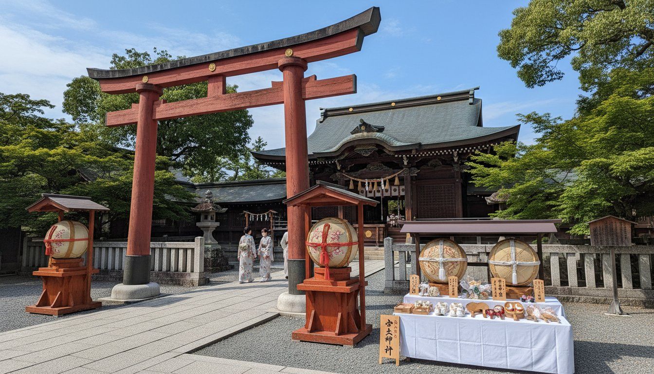 The grand torii gate and main hall of Shiramine Jingu with traditional kemari ball displays visible, professional athletes' donated equipment arranged near the offering hall