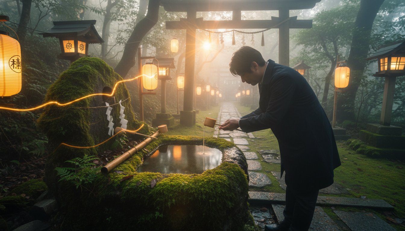 A visitor performing the traditional temizu hand-washing purification ritual at a moss-covered stone basin, soft morning light illuminating the sacred water