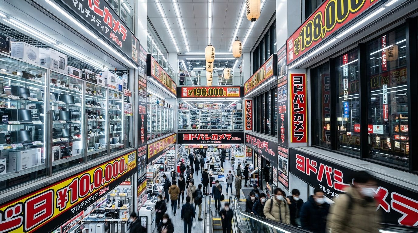 Multi-floor Yodobashi Camera interior with soaring ceilings showing towering displays of gleaming electronics in silver, black, and white, customers in casual attire browsing rows of laptops and professional cameras, bright cool-white fluorescent lighting illuminating every glossy product surface, bold Japanese signage in red and yellow with pricing in large black numbers, escalators visible connecting the bustling floors