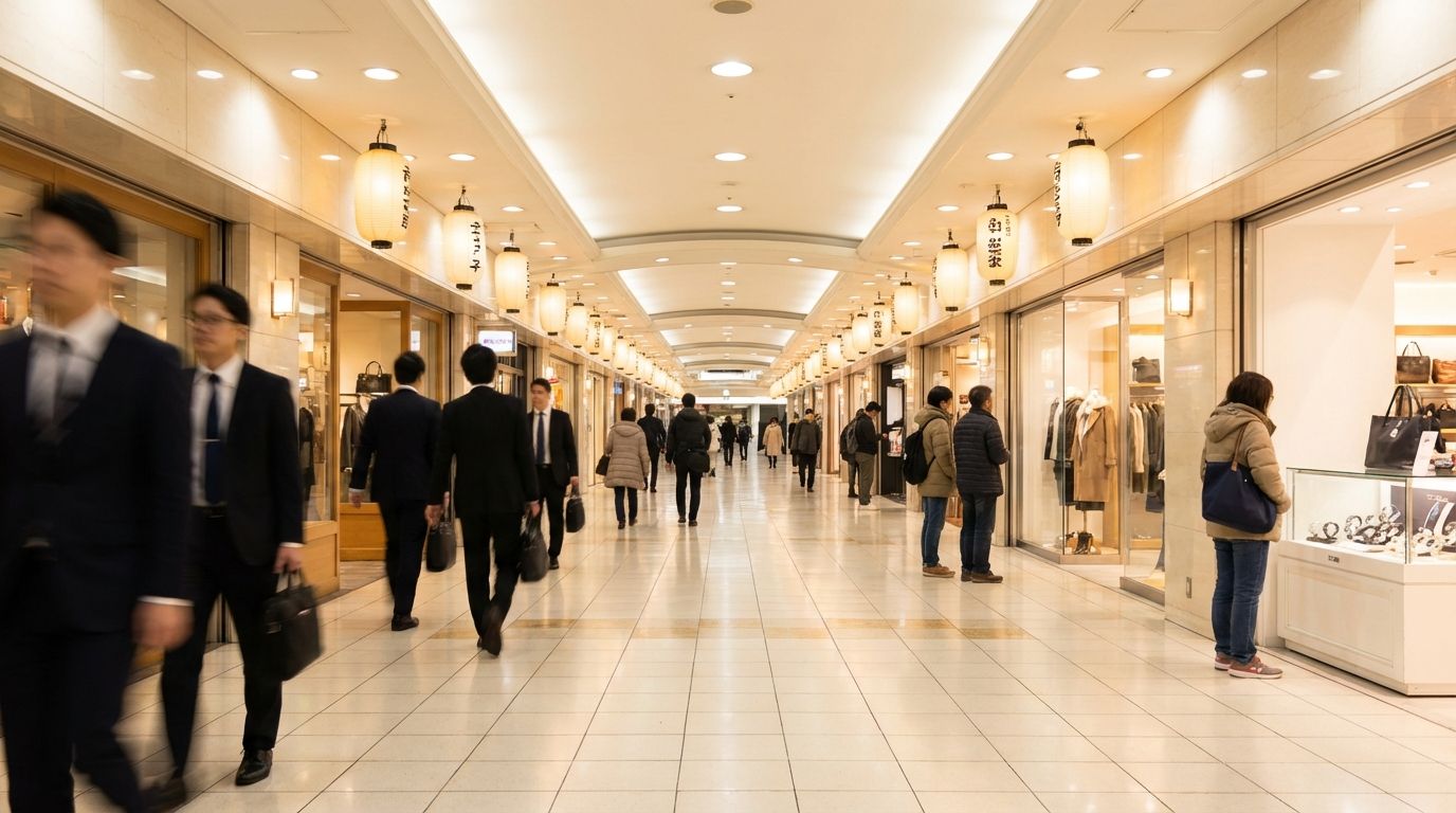 Wide underground shopping passage in Whity Umeda, pristine white and cream tiled corridors stretching into perspective, lined with illuminated shop windows displaying fashion and accessories on both sides, commuters in business attire walking purposefully while casual shoppers pause at window displays, soft warm lighting from recessed ceiling fixtures creating a pleasant, airy atmosphere despite being underground