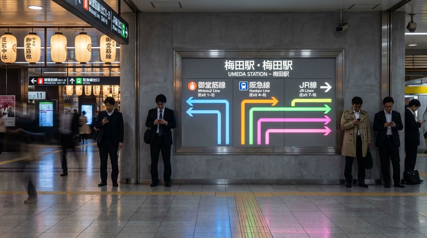 Directional signage panel in Underground Umeda against a neutral gray wall, showing station names and exit numbers in crisp Japanese kanji and English text, colorful pathway indicators in blue, orange, green, and pink lines, a few commuters in dark business suits checking their phones while standing beneath the illuminated sign, the polished floor reflecting the overhead lights