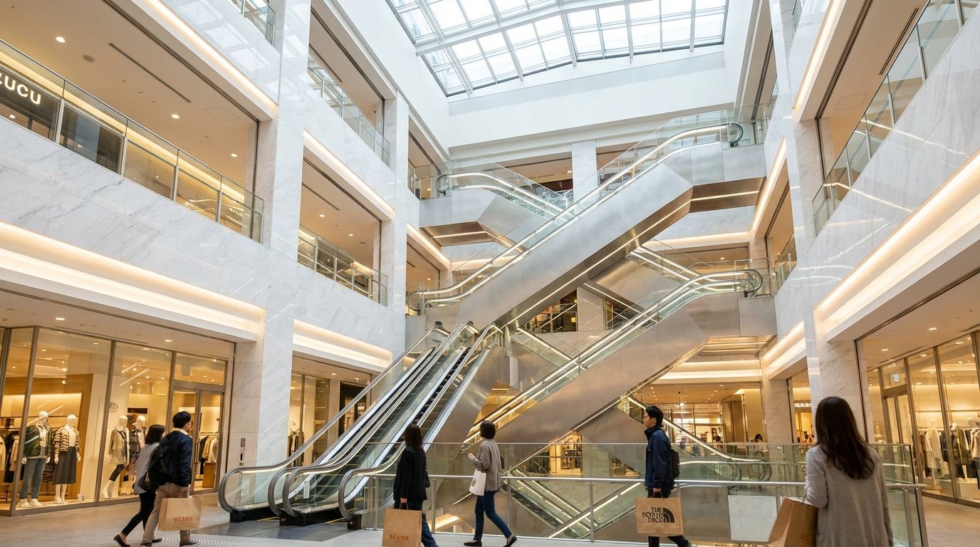 Interior of Lucua shopping complex, modern multi-level bright white atrium with silver escalators crisscrossing between floors, stylish mannequins in trendy fashion displayed in glass-fronted store windows, warm natural light streaming through expansive ceiling skylights, shoppers carrying designer bags moving between levels, clean minimalist architectural lines throughout