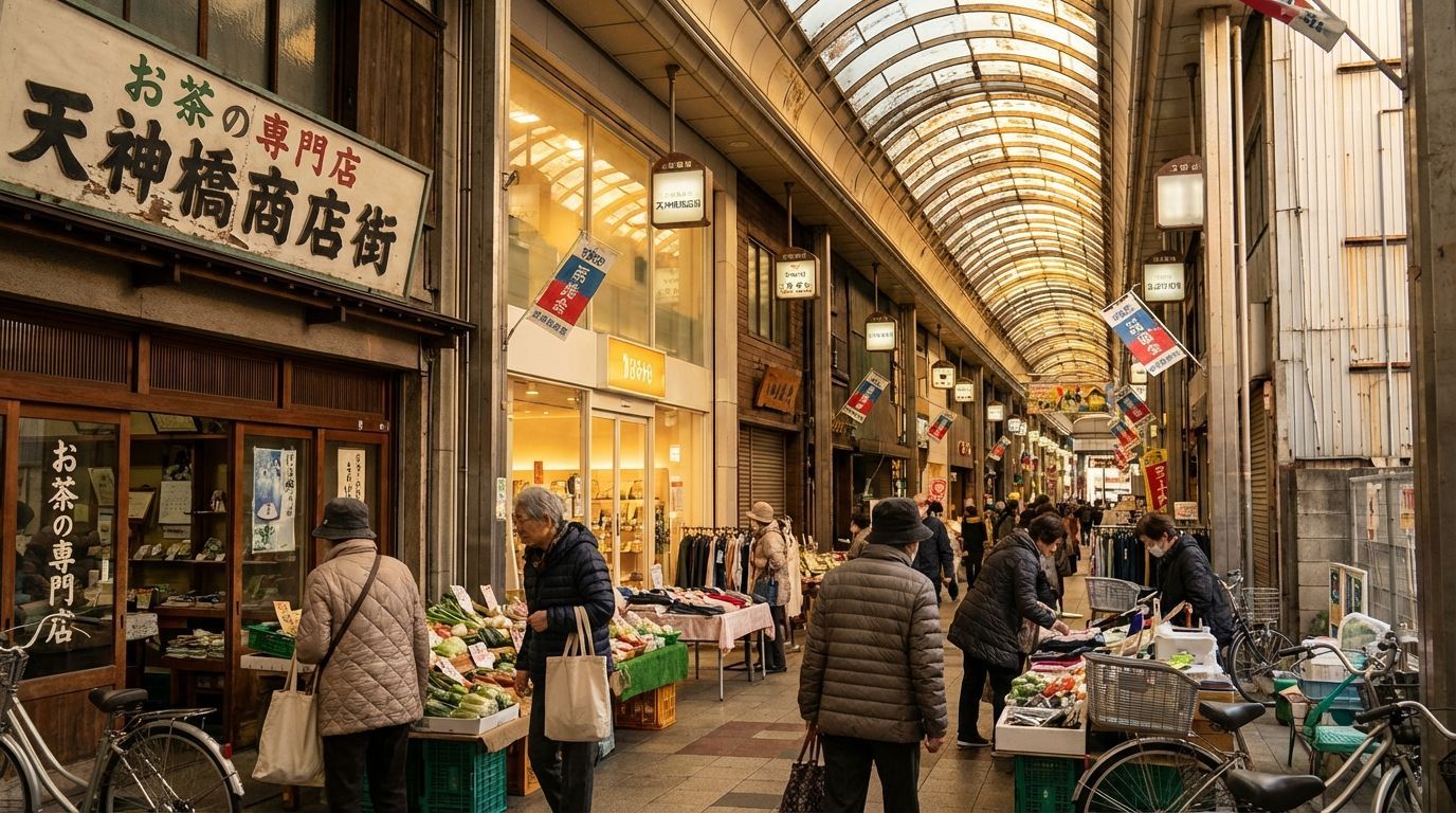 Long covered shopping arcade of Tenjinbashisuji stretching into the distance under a weathered arched glass and metal roof, warm afternoon light filtering through, traditional shops with hand-painted wooden signs in black and red alongside modern storefronts, elderly local shoppers in practical clothing carrying cloth shopping bags, colorful merchandise spilling onto the walkway, a sense of authentic neighborhood commerce and daily life