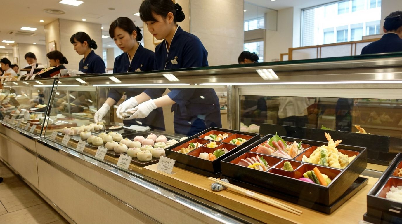 Depachika (department store basement food hall) gleaming glass display case showing elaborate wagashi Japanese sweets in delicate seasonal colors of pale pink cherry blossom, spring green, and soft cream, beautifully arranged lacquered bento boxes with compartments of colorful sashimi, golden tempura, and bright pickled vegetables, attentive female staff in crisp navy uniforms and white gloves behind the counter, warm display lighting making everything look irresistible