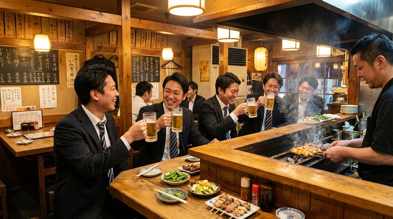 Atmospheric izakaya interior in Umeda with warm honey-toned wooden decor and soft amber lighting, businesspeople in dark suits loosening their ties while relaxing at a worn wooden counter with frosted beer glasses and small ceramic plates of edamame and pickles, wisps of fragrant smoke rising from a charcoal yakitori grill behind the bar where skewers of golden chicken sizzle, handwritten menu boards on the wall, a convivial after-work atmosphere