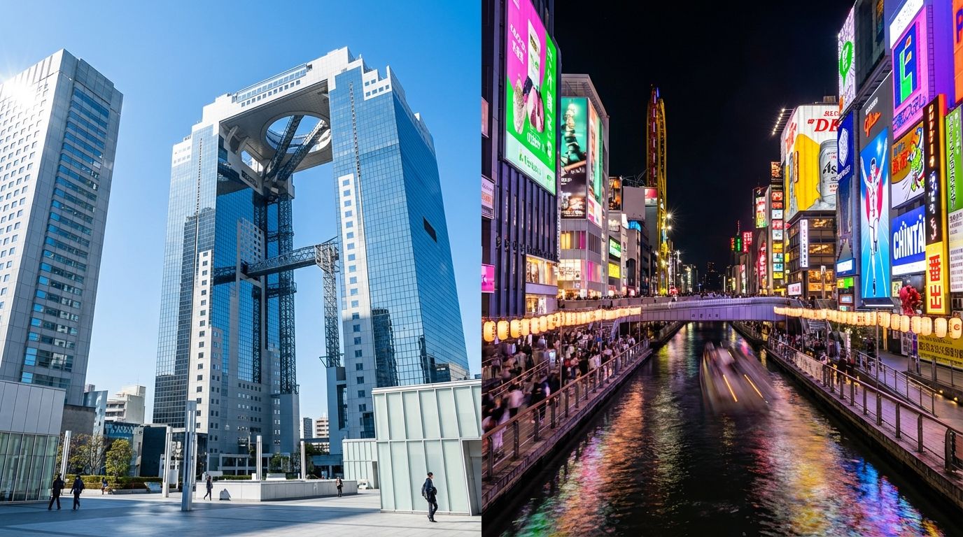 Split comparison diptych showing Umeda's gleaming silver and blue modern skyscrapers under a clear daytime sky with clean minimalist architecture on the left, and Minami's neon-drenched Dotonbori canal at night on the right with explosive colors of pink, green, yellow, and red neon signs reflecting on dark water, representing the sophisticated and chaotic two faces of Osaka