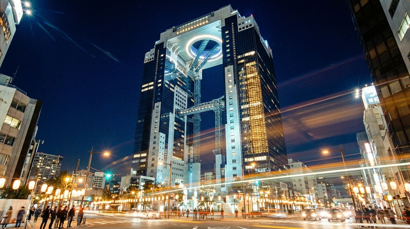 Umeda Sky Building illuminated at night seen from street level looking upward, the distinctive connected twin-tower silhouette glowing in cool white and blue accent lighting against the deep indigo night sky, warm golden city lights reflecting off the building's glass facade, the circular Floating Garden Observatory visible as a luminous ring at the top, a sense of futuristic urban romance and architectural wonder