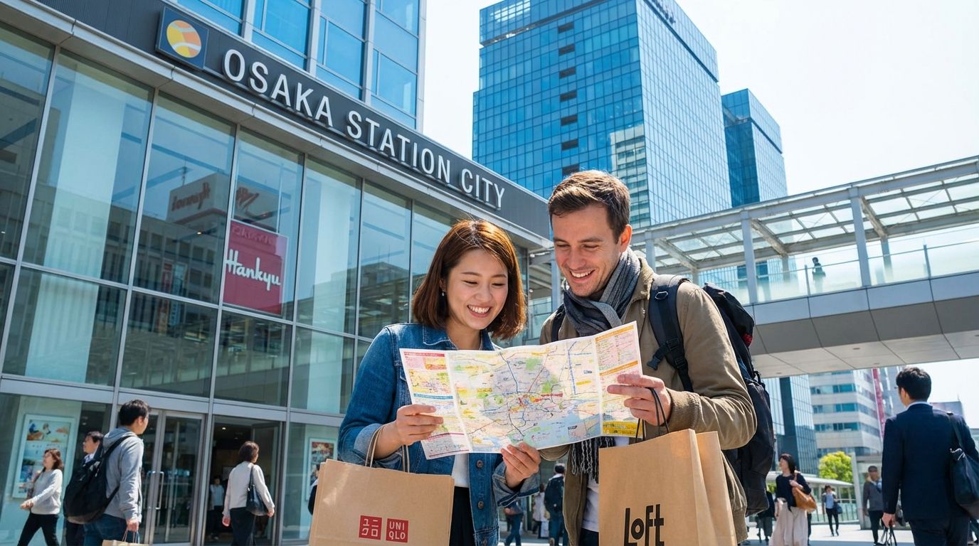 Happy tourist couple in casual travel attire consulting a colorful paper map near the glass entrance of Osaka Station, modern blue-tinted glass buildings and the elevated walkway visible in the background under a sunny sky, colorful shopping bags from Japanese stores in hand, warm smiles on their faces conveying a sense of successful exploration and travel excitement